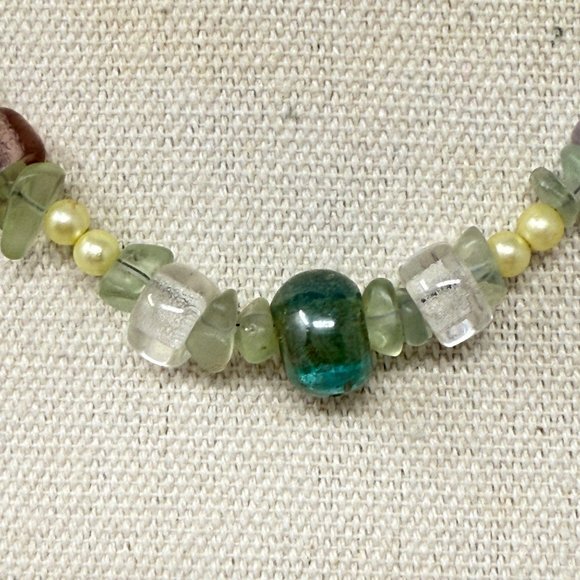 Fluorite Chips & Foil Glass Beads Necklace Vintage Pastels‎ Dainty Faux Pearls - Picture 5 of 9